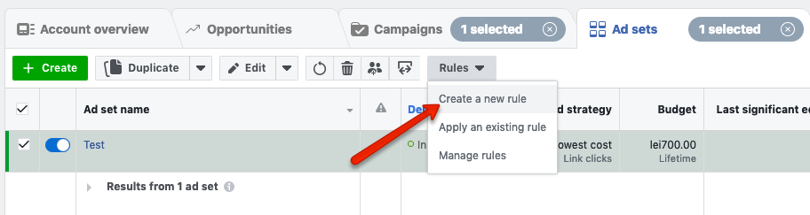 Facebook ads smarter ad campaign spend - automatic rules for frequency - step 1
