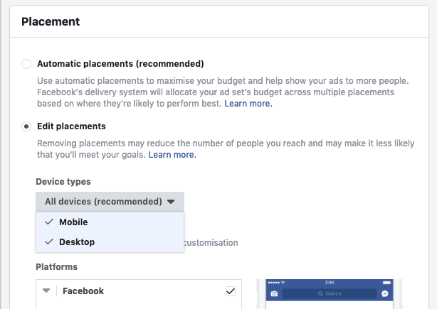 Facebook ads smarter ad campaign spend target desktop and mobile in separate campaigns