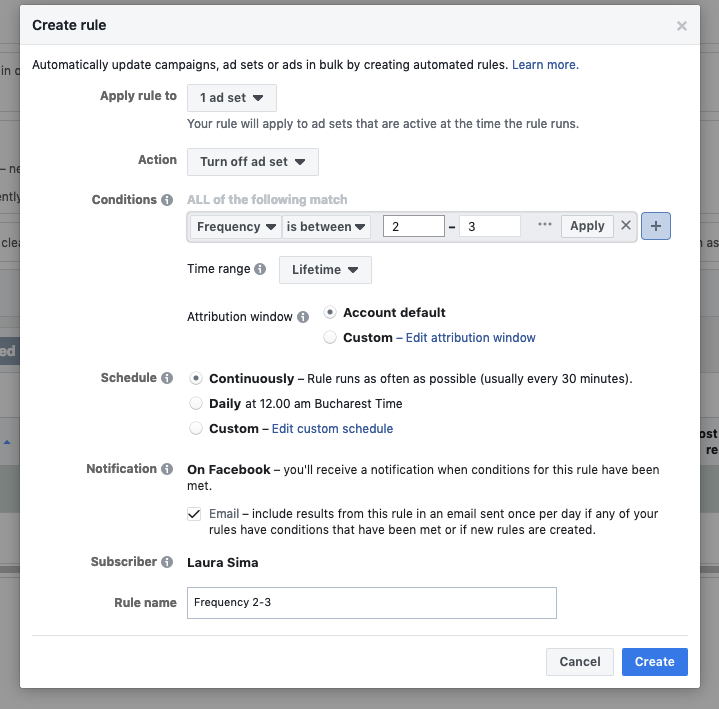 Facebook ads smarter ad campaign spend - automatic rules for frequency - step 2